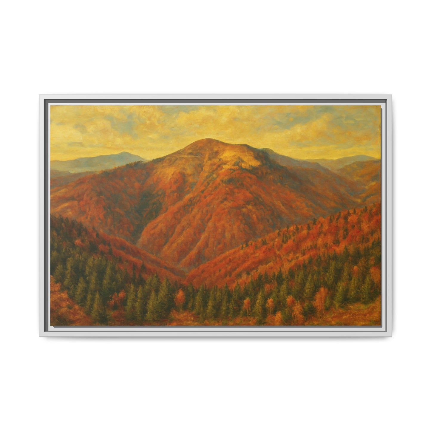 Autumn mountain matte canvas framed wall art by Printify showing a scenic mountain landscape with fall foliage.