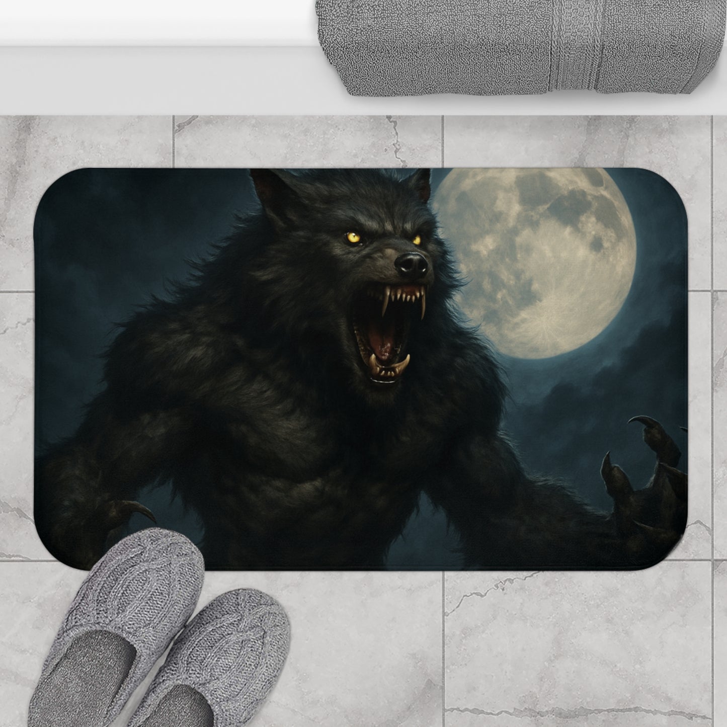 Werewolf Moon bath rug by Printify featuring a spooky horror design with a werewolf and moon for bathroom decor.