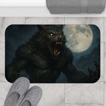 Werewolf Moon bath rug by Printify featuring a spooky horror design with a werewolf and moon for bathroom decor.