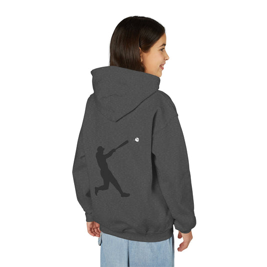 Kids youth baseball silhouette hoodie featuring a baseball player graphic, soft pullover sweatshirt for kids by Printify