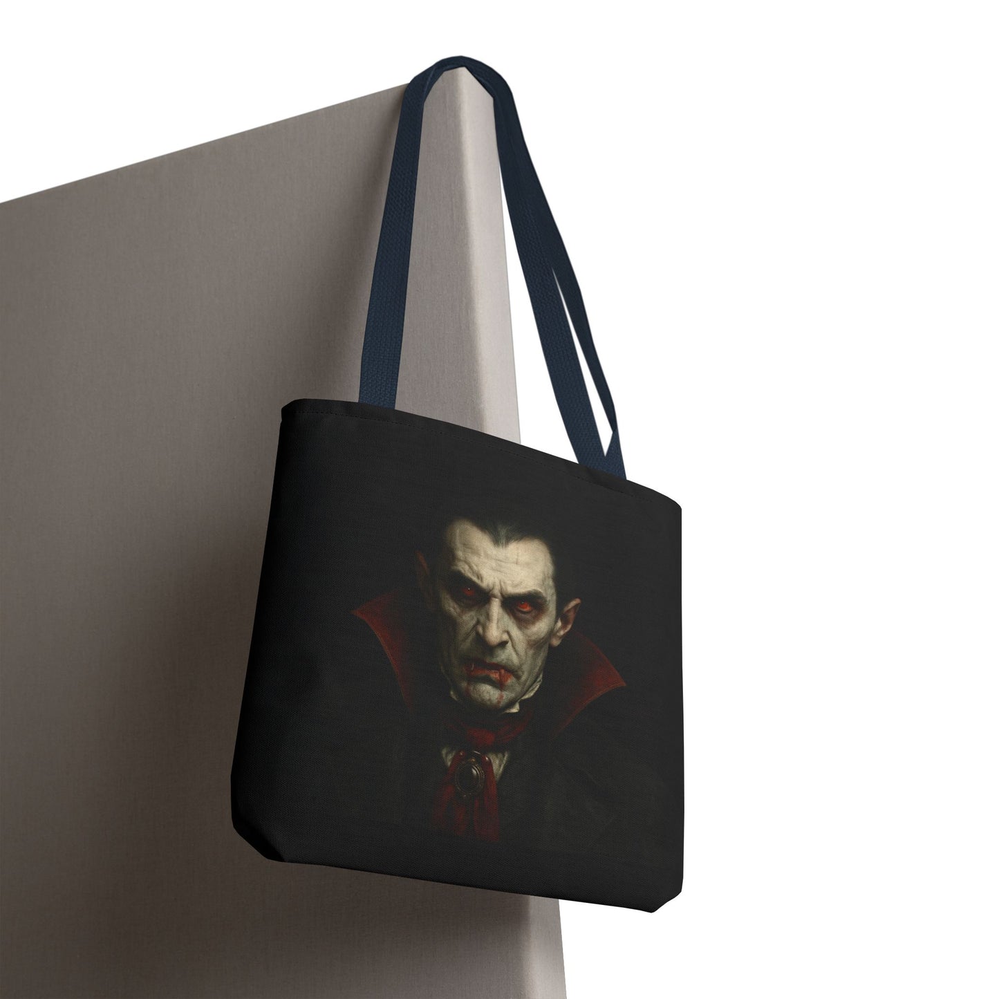 Black Vampire Tote Bag with spooky Gothic design, perfect for Halloween accessories, by Printify.