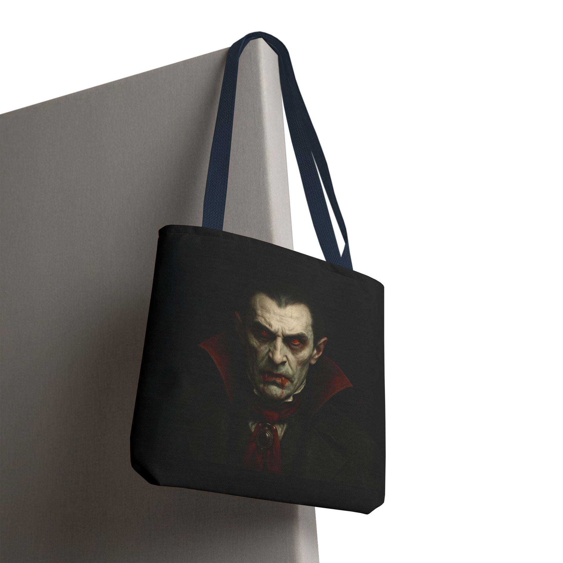 Black Vampire Tote Bag with spooky Gothic design, perfect for Halloween accessories, by Printify.