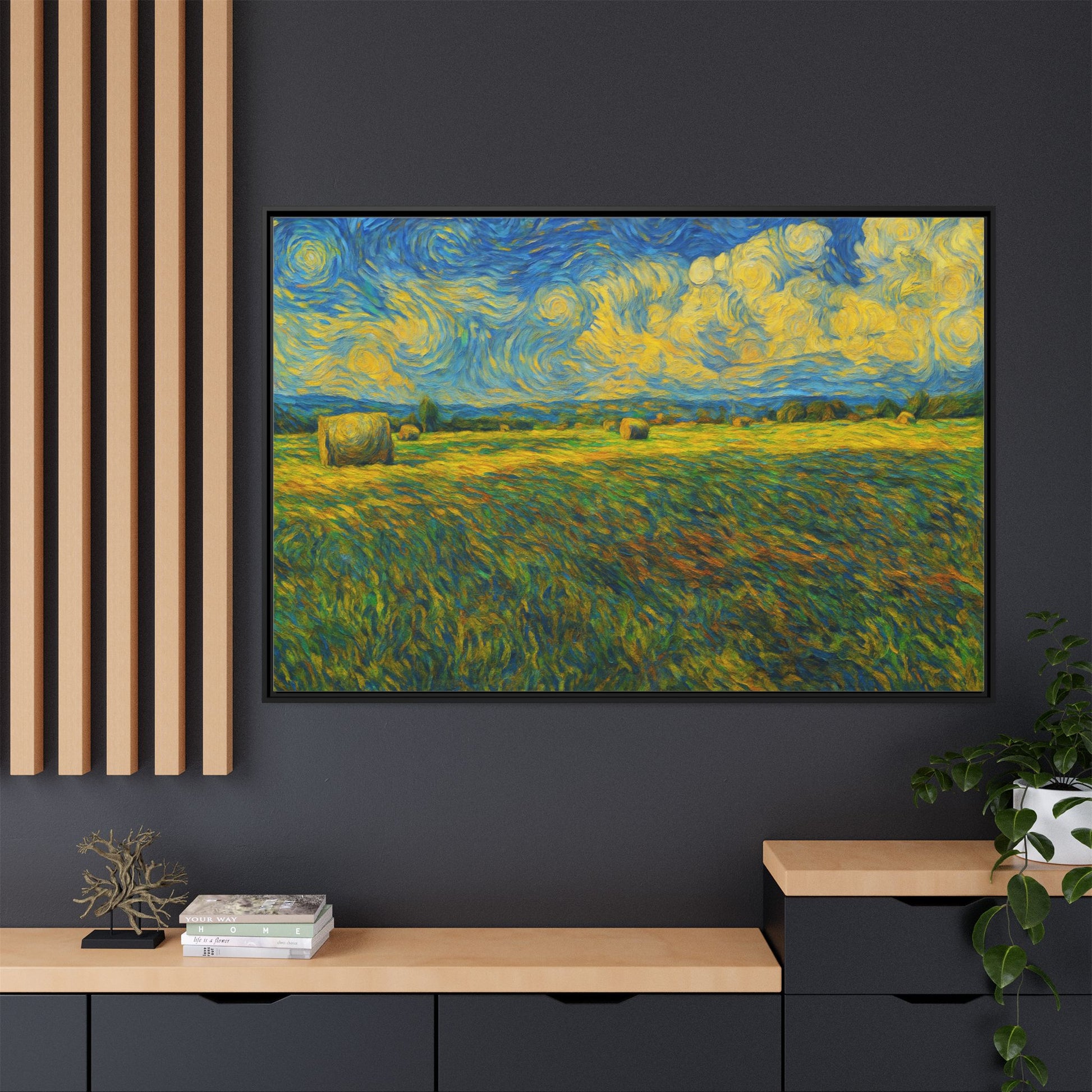 Framed multi-color landscape matte canvas print by Printify showing a scenic outdoor view with vibrant colors and natural details.