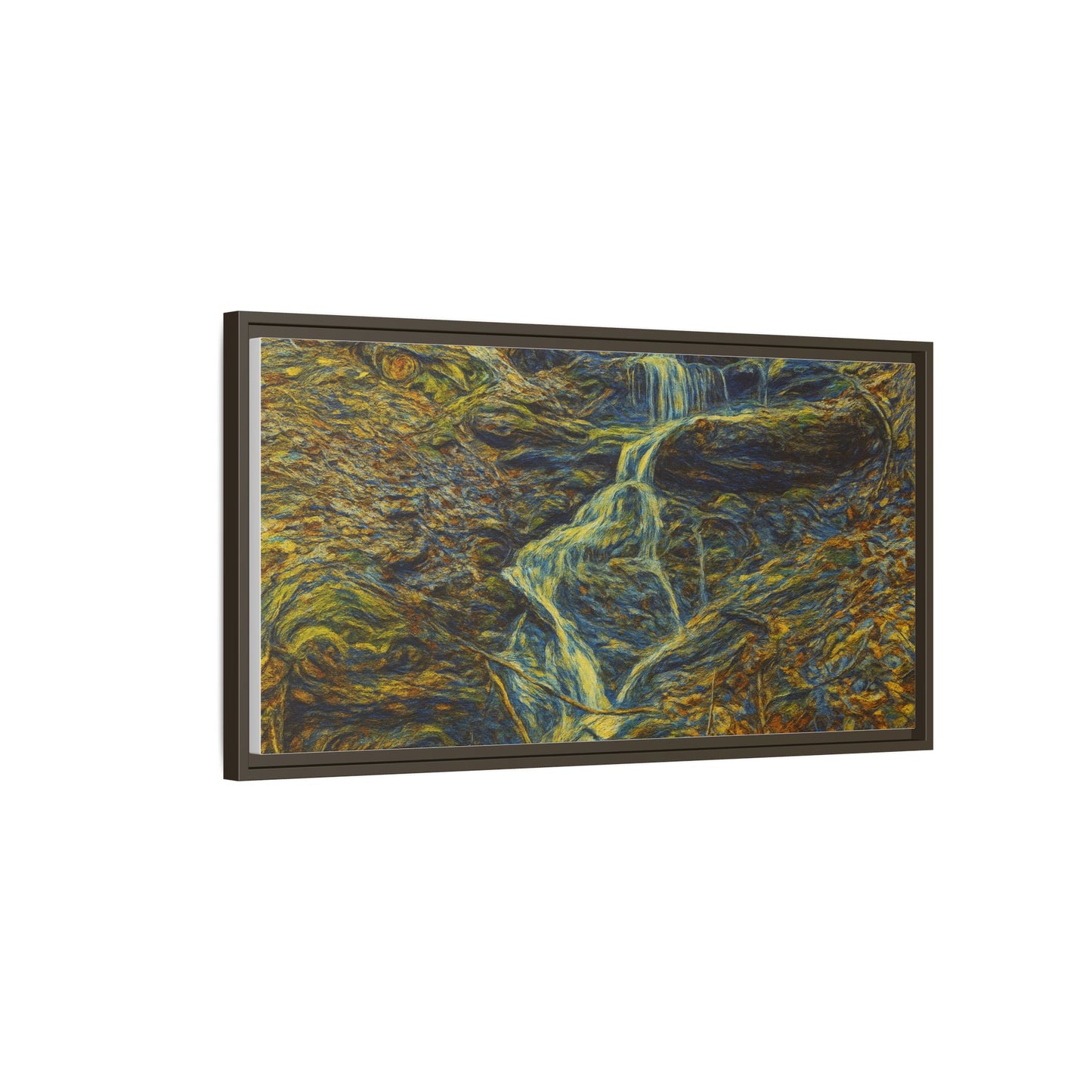 Framed matte canvas wall art featuring a scenic autumn forest with a waterfall, designed by Printify.