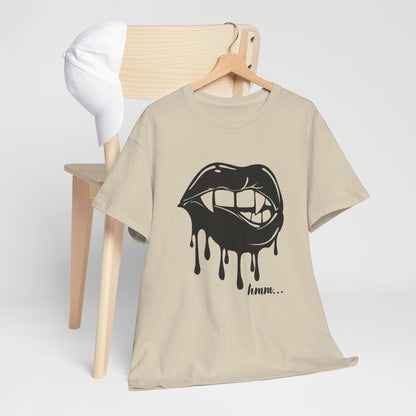 Graphic T-shirt featuring dripping lips with 'hmm...' bite design by Printify, showcasing a bold, colorful lip graphic on the front.