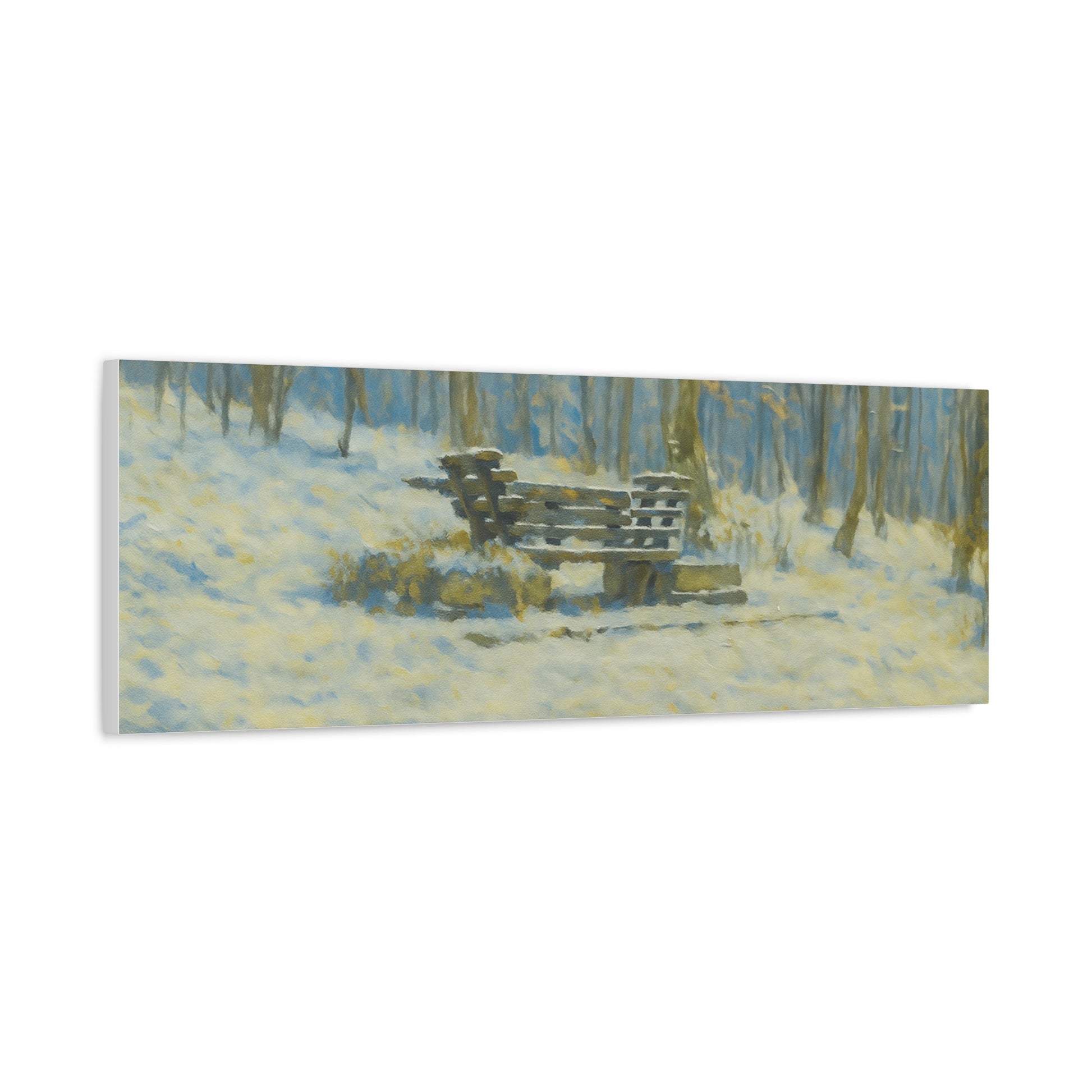 Winter woodland scene on a snowy park bench canvas print, matte stretched canvas wall art by Printify.