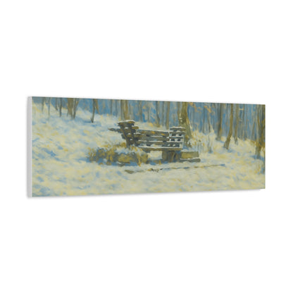 Winter woodland scene on a snowy park bench canvas print, matte stretched canvas wall art by Printify.