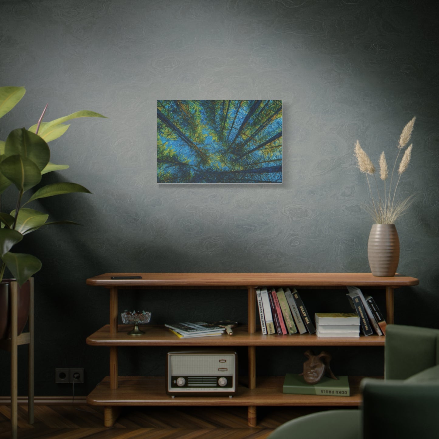Forest Canopy Matte Canvas Wall Art — Upward View of Trees, Blue & Green Nature Print