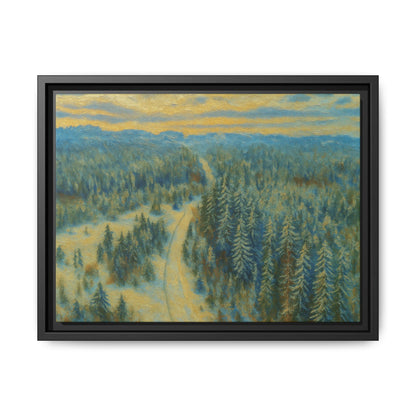 Framed matte canvas print of a serene winter forest landscape by Printify, featuring snow-covered trees and peaceful scenery.