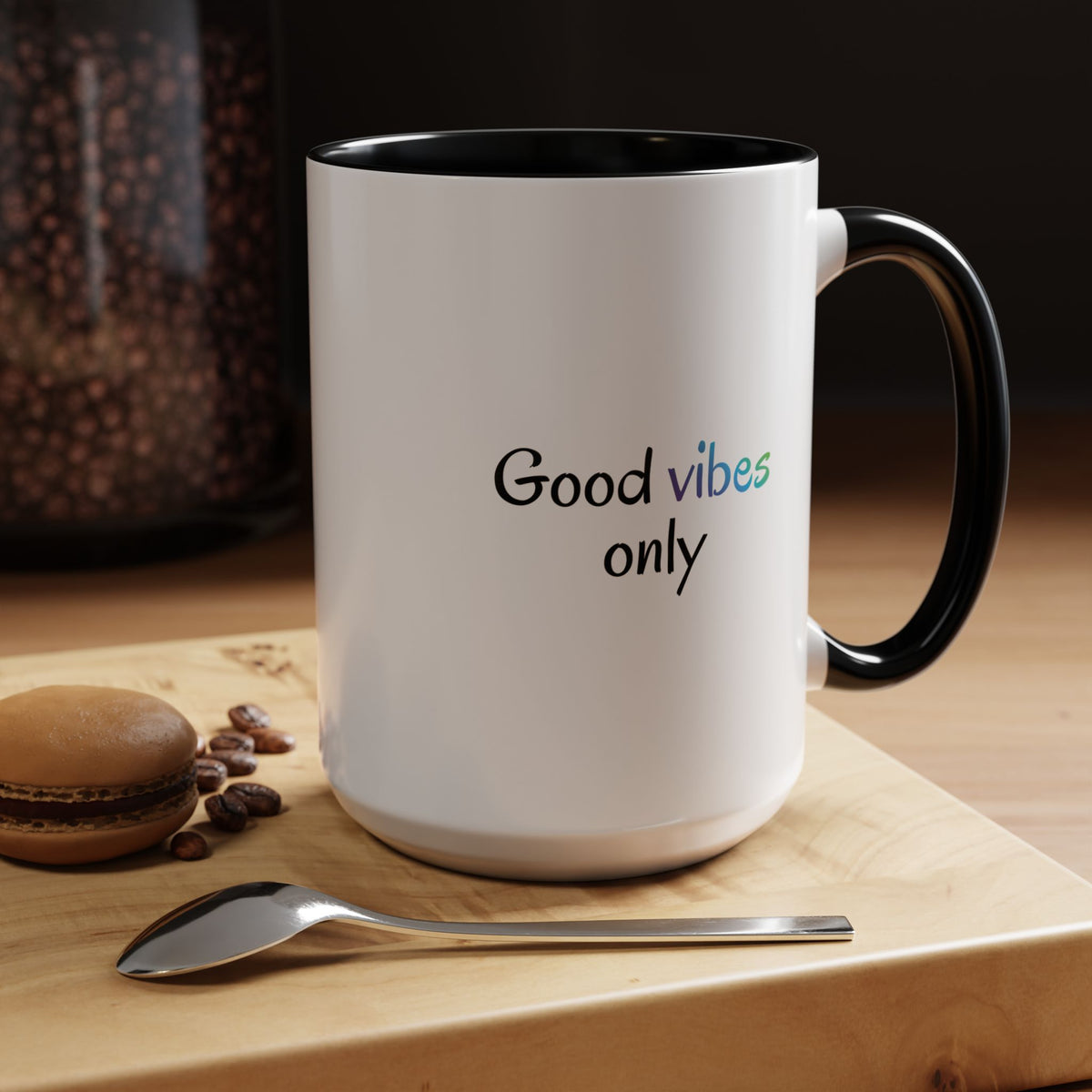 Printify Good Vibes Only accent coffee mug with positive morning inspirational message and stylish design.