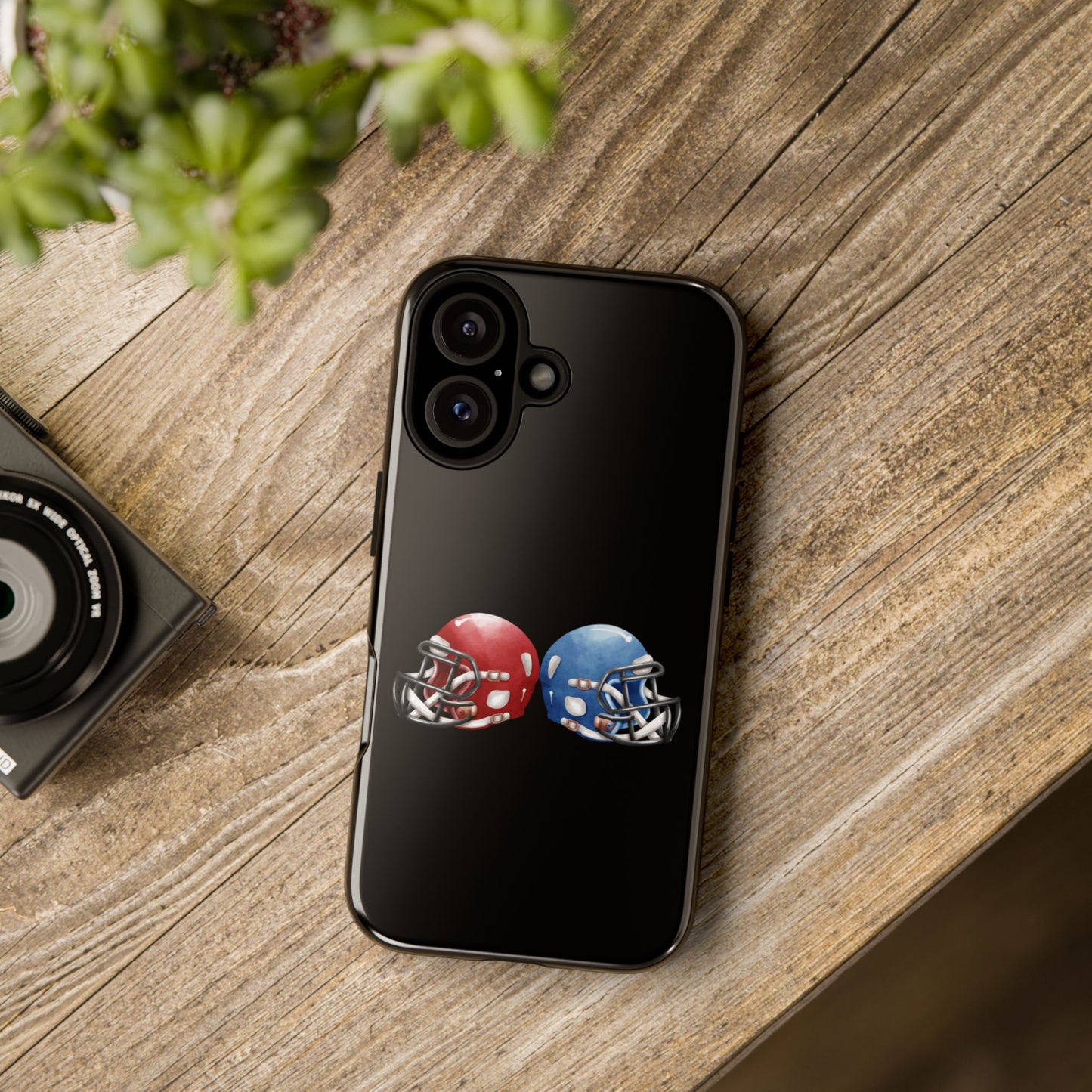 Red and blue football helmet tough phone case for iPhone, protective Printify phone cover with athletic design.