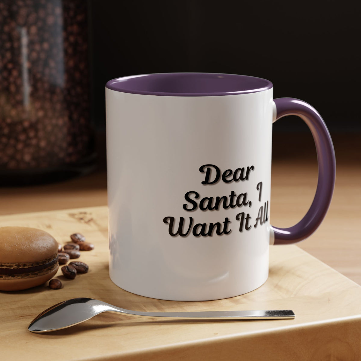 Printify Dear Santa I Want It All holiday coffee mug with festive Christmas design and red handle, perfect for holiday gifting.