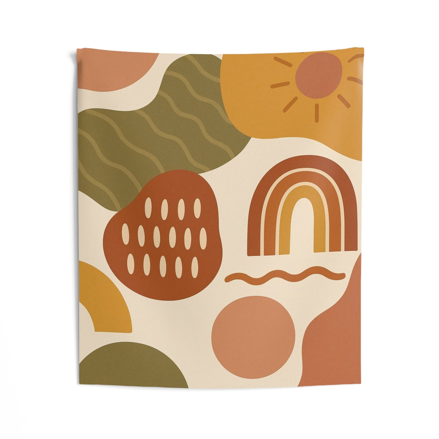 Boho Abstract Rainbow Tapestry — Retro Sun & Earthy Shapes Wall Hanging