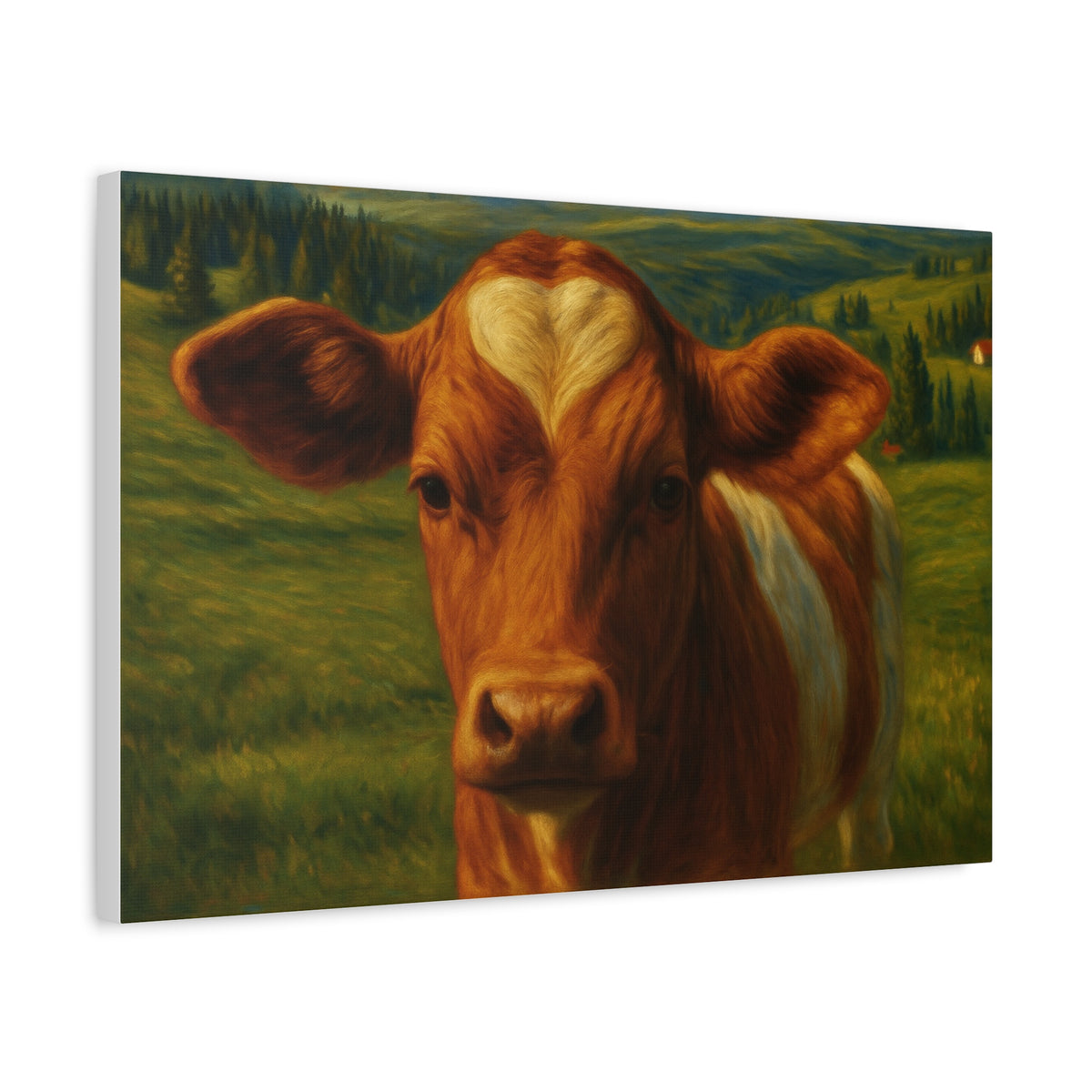 Cow Portrait Canvas Print — canvas wall art of a cow with a heart-shaped forehead marking, top-down view