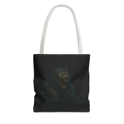 Werewolf tote bag featuring dark Halloween art, perfect gift for horror fans, made by Printify, with a spooky wolf illustration.