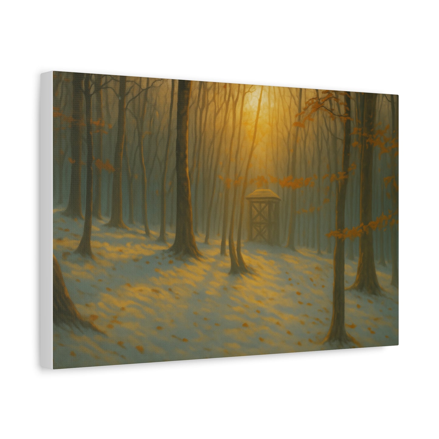 Matte stretched canvas print of Misty Forest Sunrise art by Printify, featuring a serene early morning forest scene.