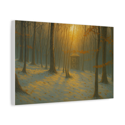 Matte stretched canvas print of Misty Forest Sunrise art by Printify, featuring a serene early morning forest scene.