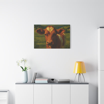 Canvas print of a cow portrait featuring a heart-shaped forehead, farm animal wall art by Printify