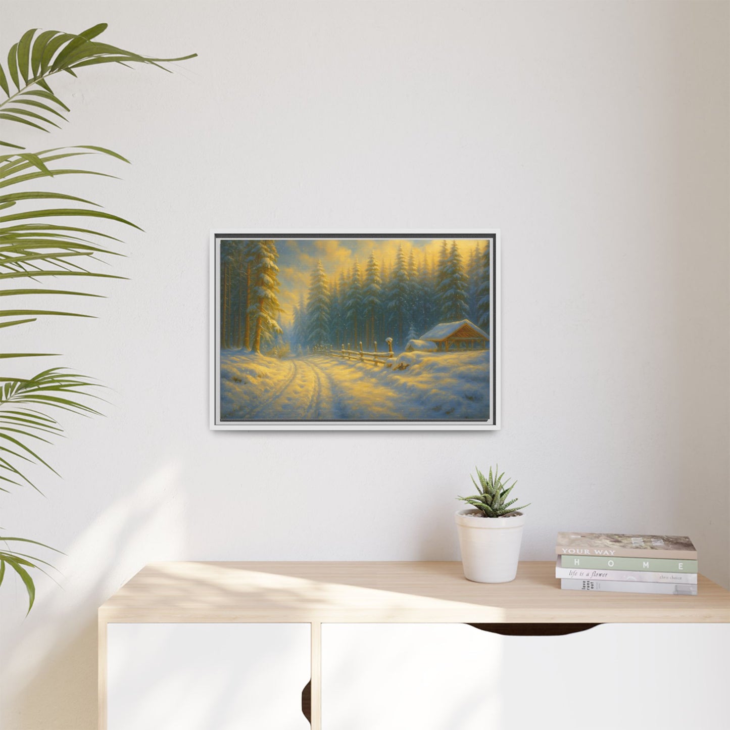Framed canvas print of a snowy forest sunset winter cabin scene, wall art by Printify featuring a serene winter landscape.