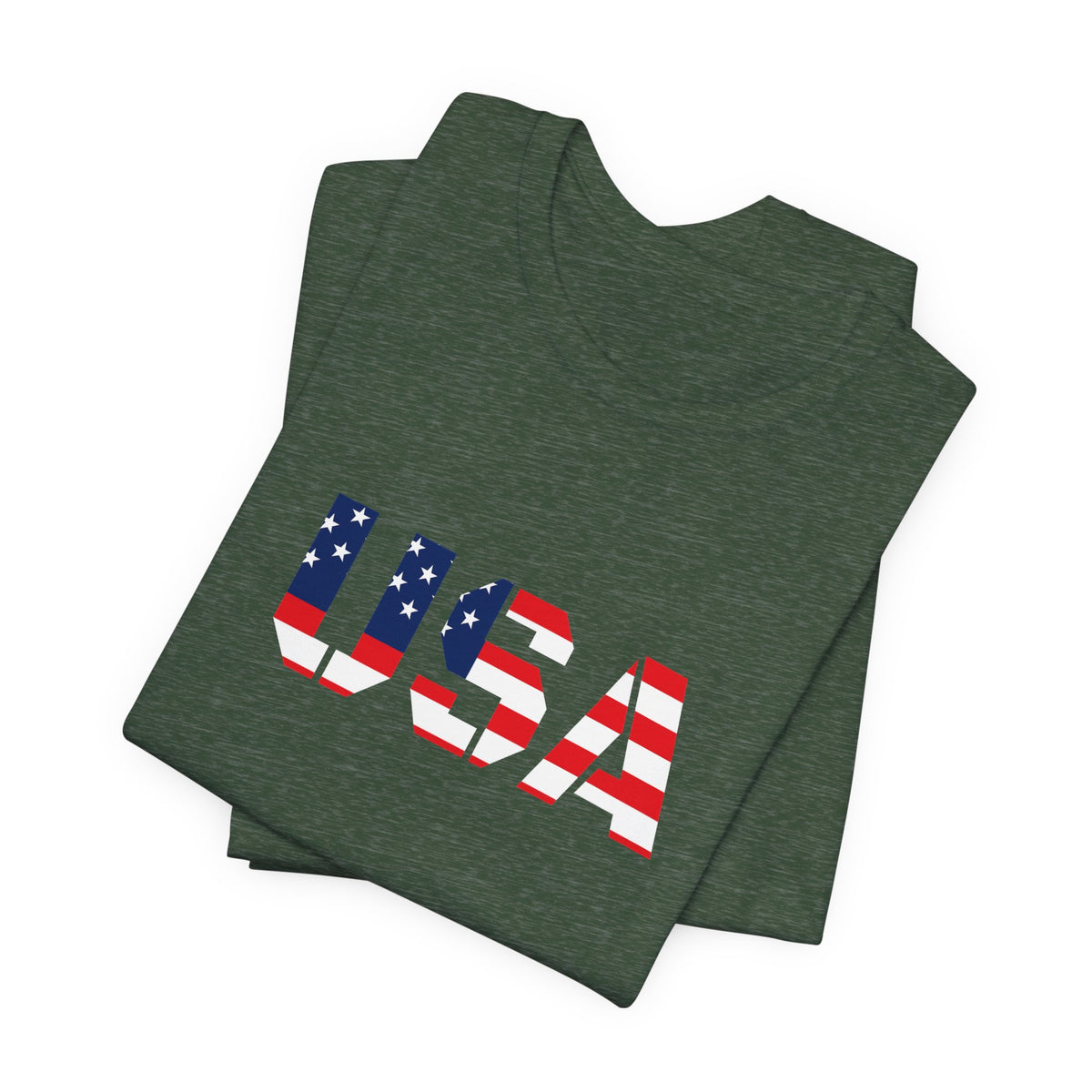 USA flag text T-shirt by Printify featuring patriotic red, white, and blue design for Fourth of July celebrations.