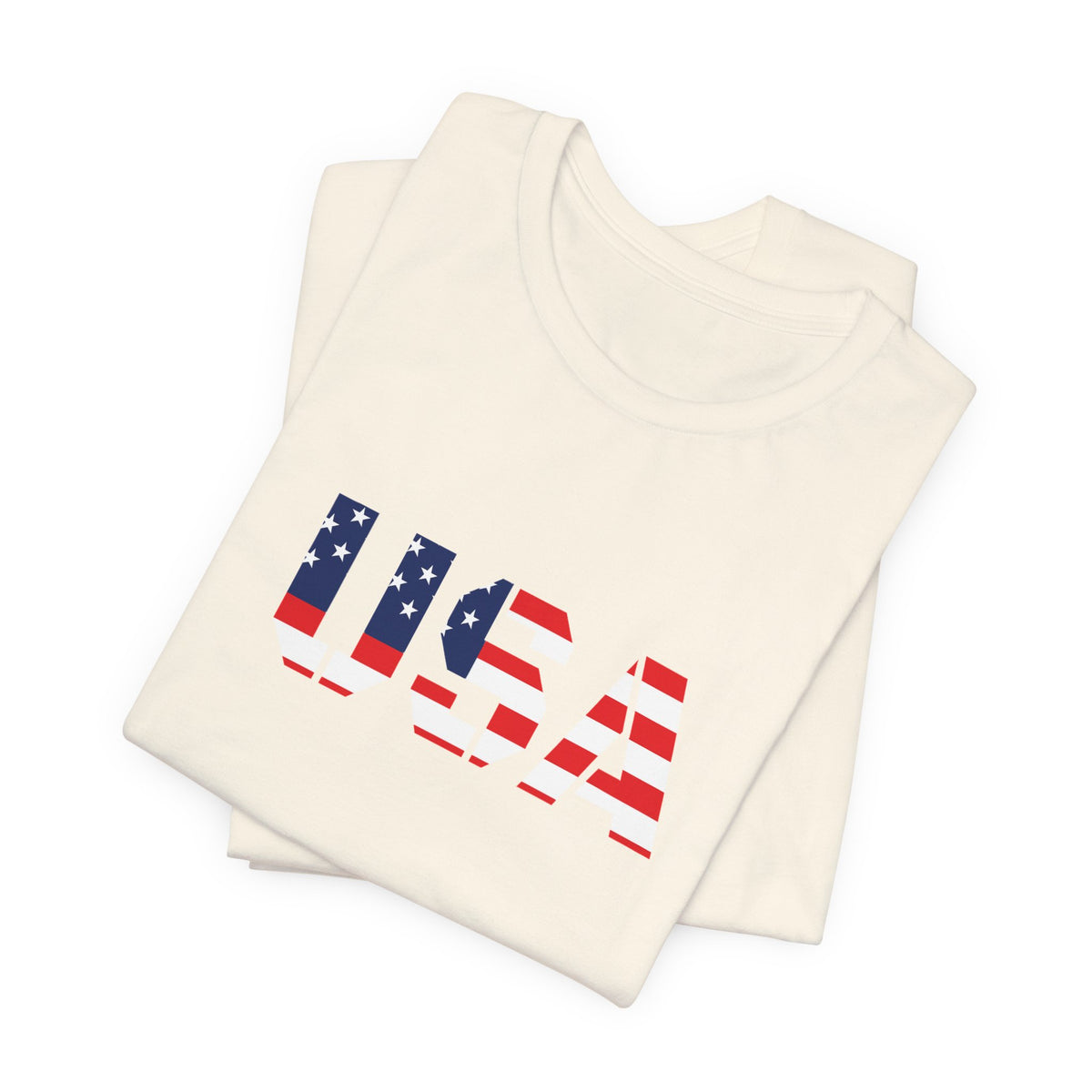USA flag text T-shirt by Printify featuring patriotic red, white, and blue design for Fourth of July celebrations.