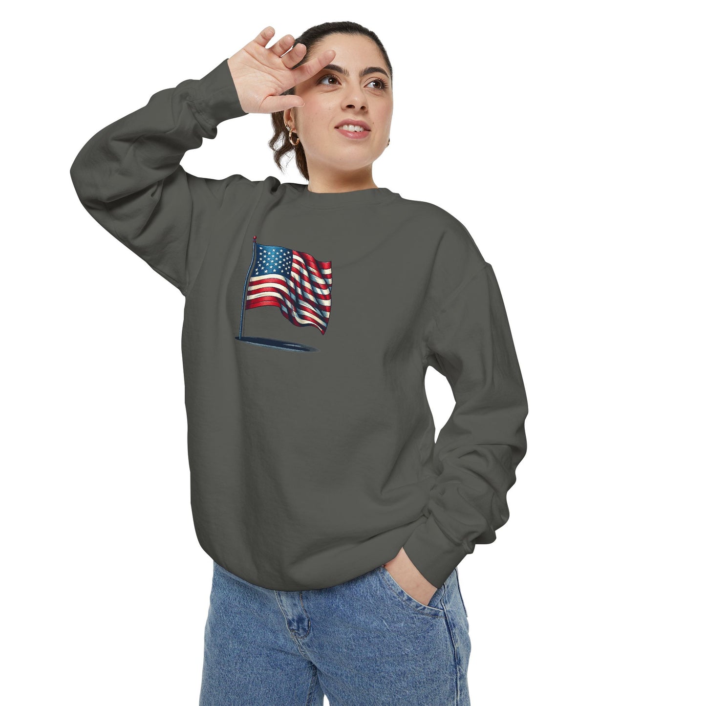 Patriotic Unisex Garment-Dyed Sweatshirt with Vintage American Flag, Cozy Fall Outfit, Statement Sweater, Gift for Veterans, Casual Fashion - TRV