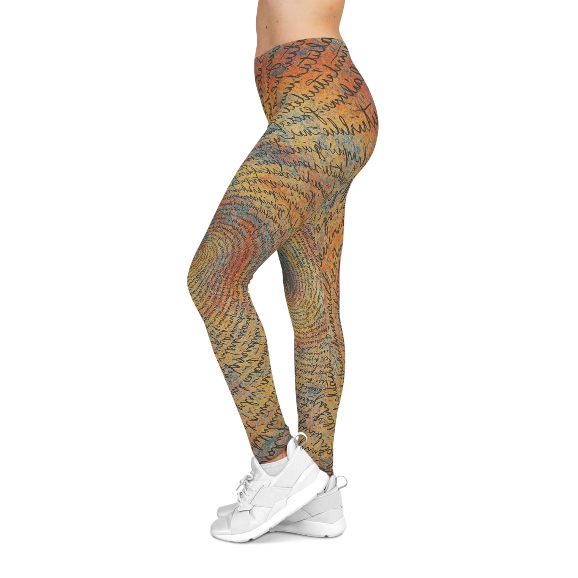 Women's Bohemian Script Spiral Print Leggings with colorful all-over design, casual and comfortable fit from Printify.