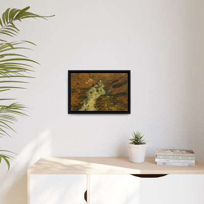 Framed matte canvas print of autumn stream landscape artwork by Printify, showcasing vibrant fall trees and flowing water.
