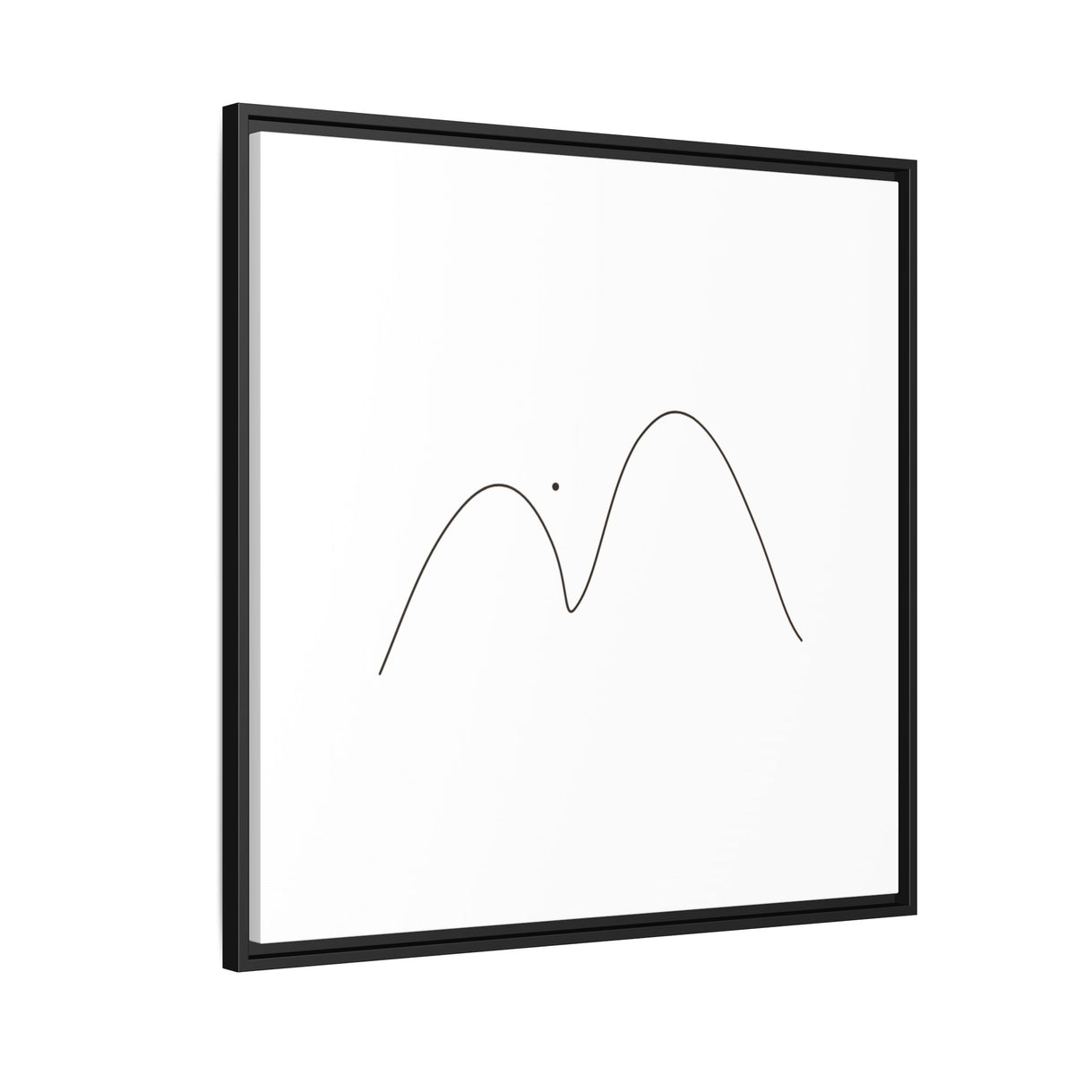 Minimalist mountain line art on framed matte canvas by Printify, featuring sleek mountain peaks in black ink.