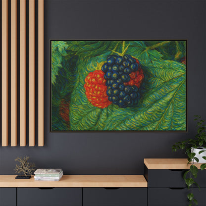 Blackberry still life framed canvas print by Printify showcasing detailed blackberries on a rustic background.