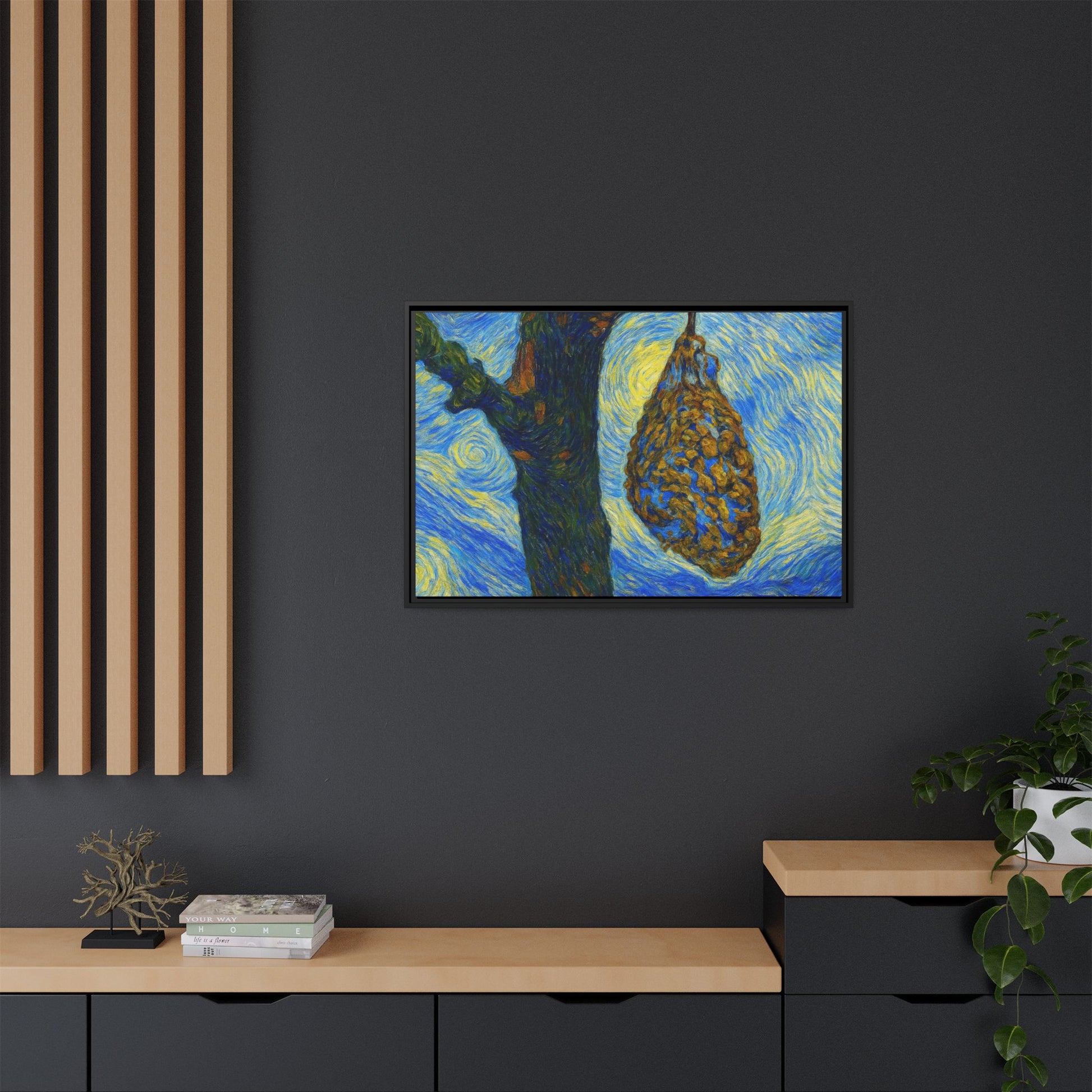 Framed matte canvas art of a starry nut cluster with dried plum in a tree, by Printify, showcasing detailed natural imagery.