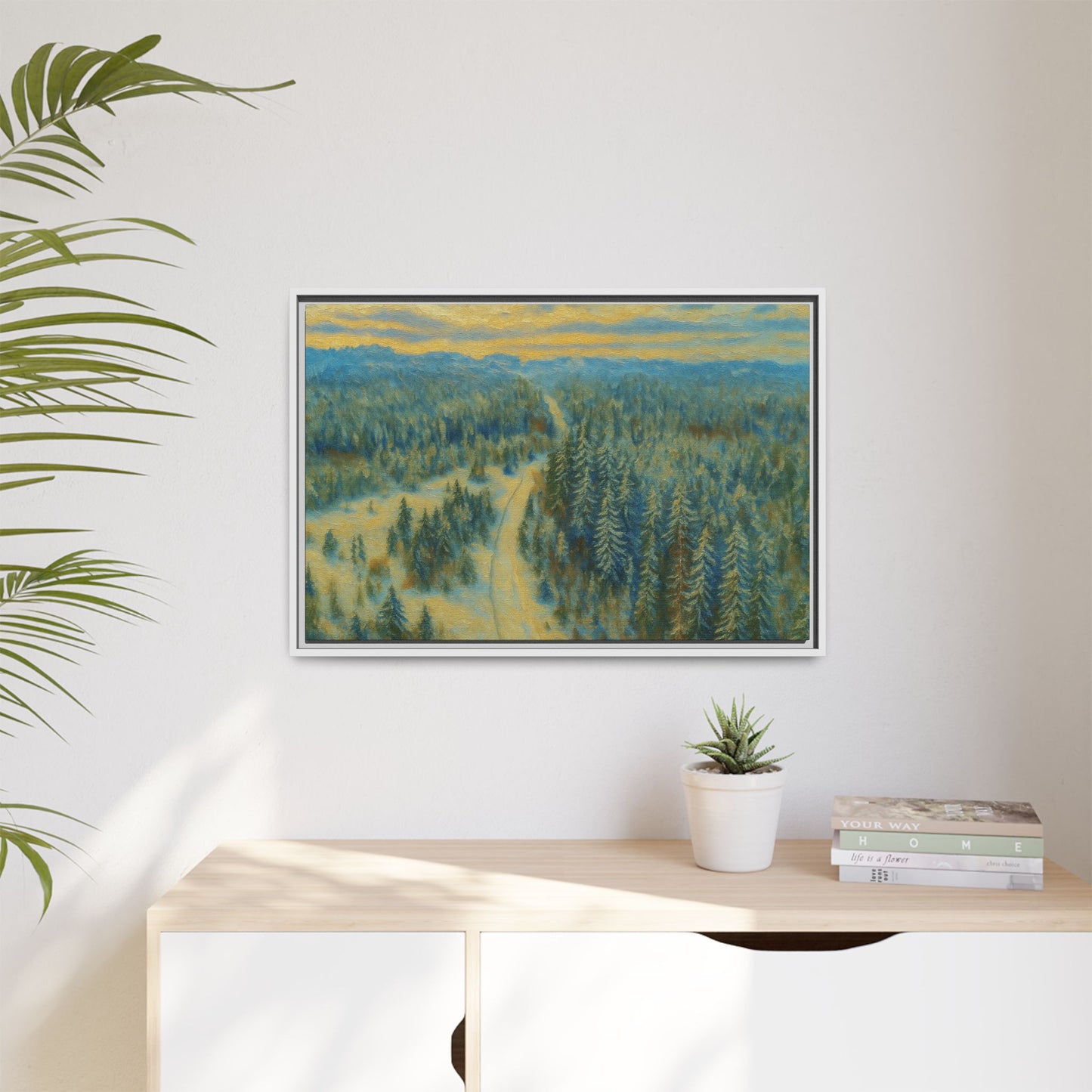 Framed matte canvas print of a serene winter forest landscape, showcasing snowy trees and peaceful natural scenery.