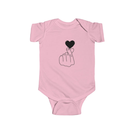 Cute infant bodysuit with heart gesture print, unisex baby outfit for special occasions, by Printify.