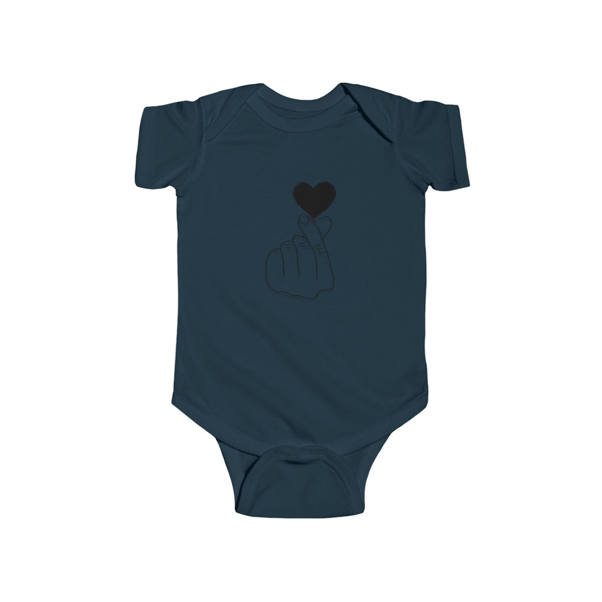 Unisex infant bodysuit by Printify featuring a cute heart gesture design, perfect for special occasions and baby photos.