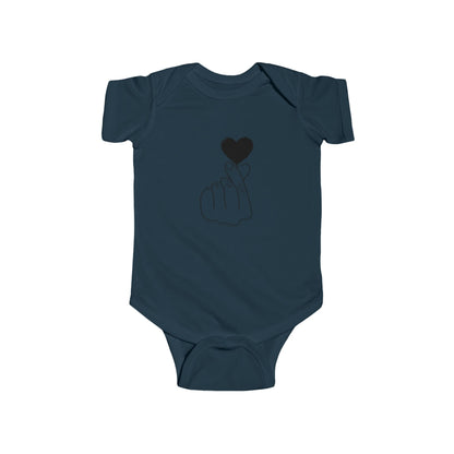 Unisex infant bodysuit by Printify featuring a cute heart gesture design, perfect for special occasions and baby photos.