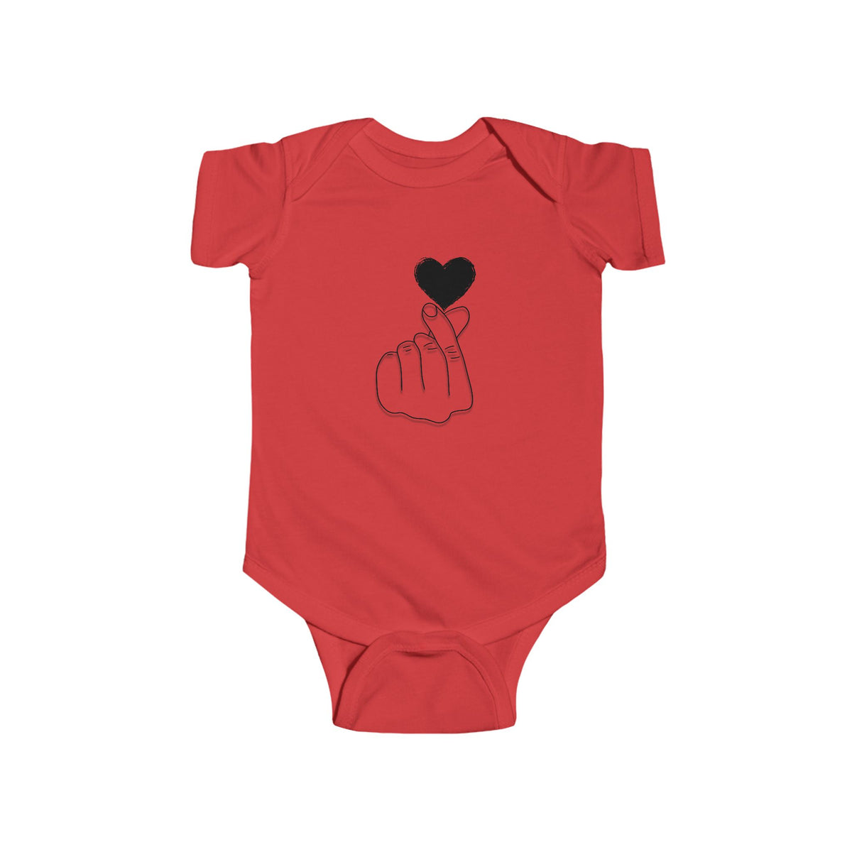 Cute heart gesture infant bodysuit by Printify, showcasing a unisex baby outfit with adorable design for special occasions.