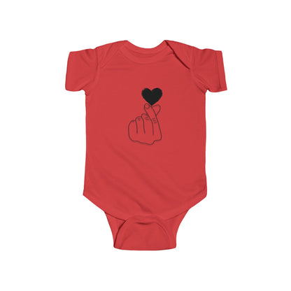 Cute heart gesture infant bodysuit by Printify, showcasing a unisex baby outfit with adorable design for special occasions.