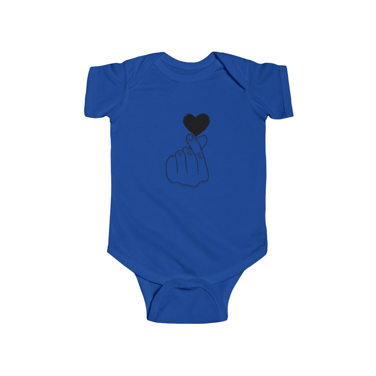Cute heart gesture infant bodysuit by Printify, unisex baby outfit for special occasions, featuring adorable design and soft fabric.
