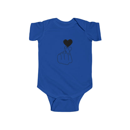 Cute heart gesture infant bodysuit by Printify, unisex baby outfit for special occasions, featuring adorable design and soft fabric.