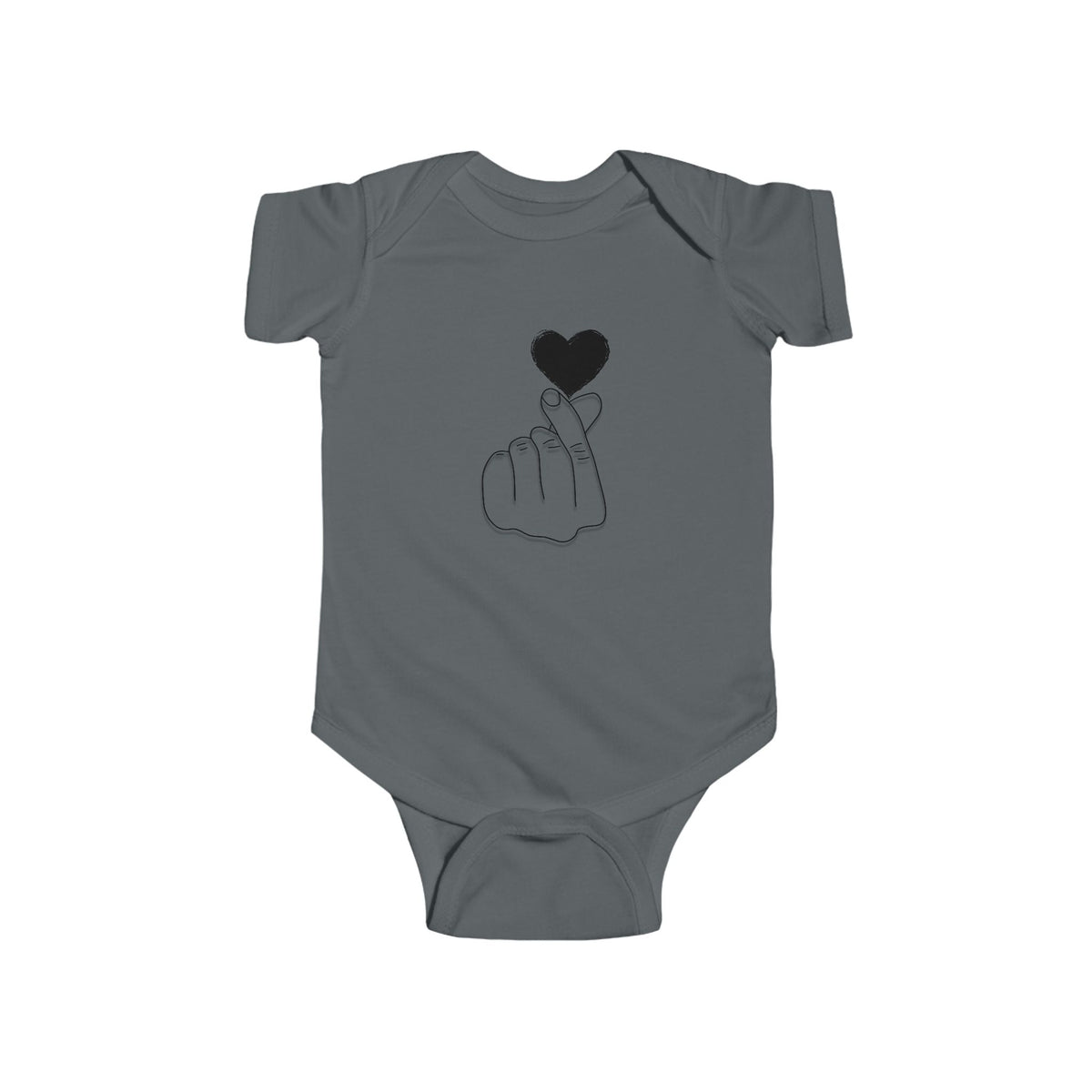 Cute heart gesture infant bodysuit by Printify, featuring a unisex baby outfit with adorable heart print, perfect for special occasions.