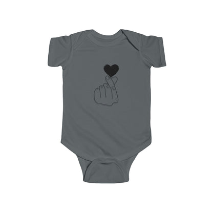 Cute heart gesture infant bodysuit by Printify, featuring a unisex baby outfit with adorable heart print, perfect for special occasions.