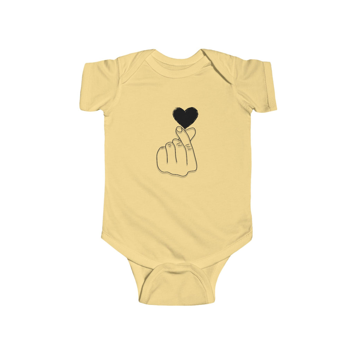 Unisex infant bodysuit with cute heart gesture print, adorable kids clothes for special occasions, by Printify