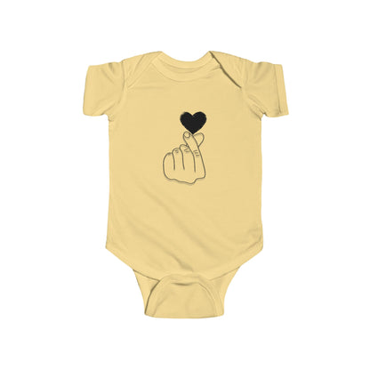 Unisex infant bodysuit with cute heart gesture print, adorable kids clothes for special occasions, by Printify