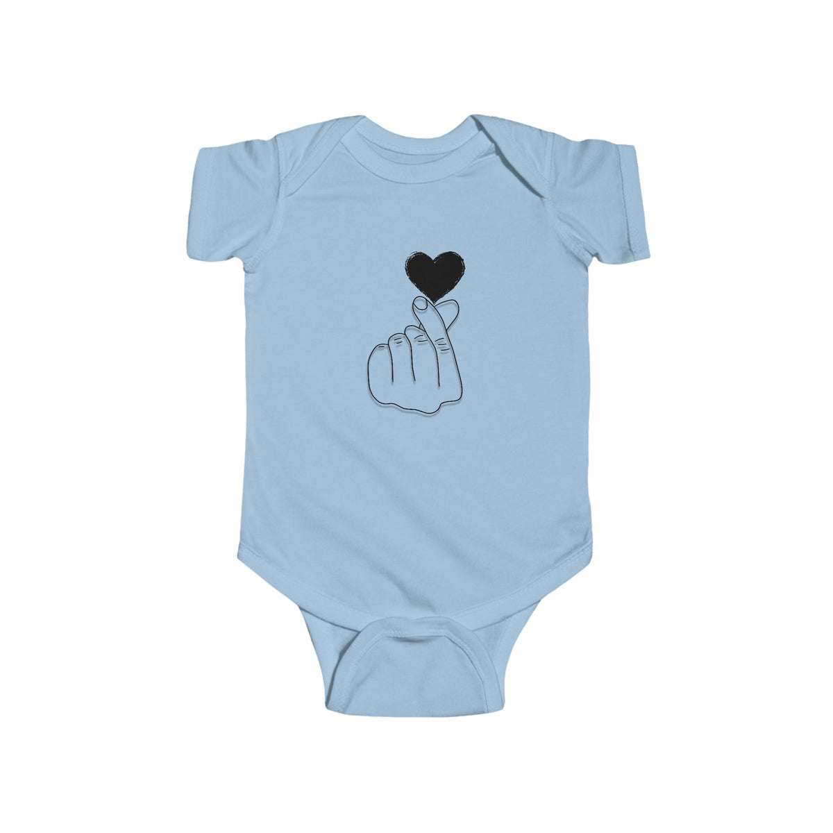 Unisex infant bodysuit with cute heart gesture print, adorable kids' outfit by Printify for special occasions.