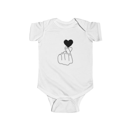 Unisex infant bodysuit with cute heart gesture print, adorable baby clothing by Printify for special occasions.