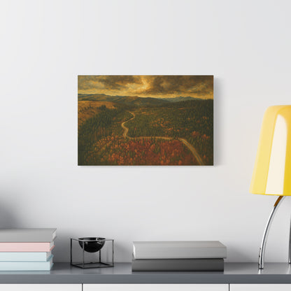 Moody forest landscape on Autumn Ridge Road matte stretched canvas wall art by Printify, featuring moody trees and forest scene.