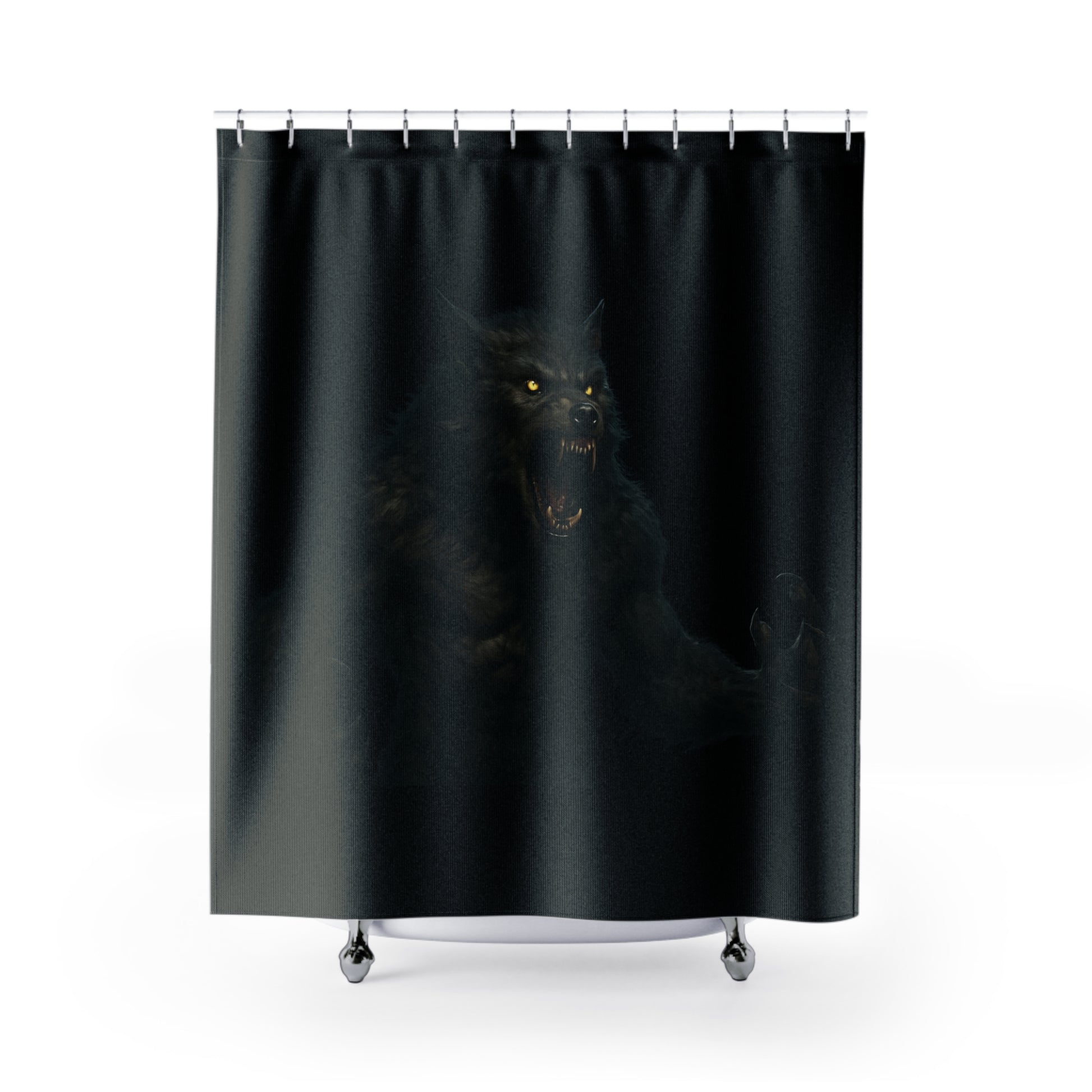 Gothic werewolf shower curtain with moonlit night design, ideal for dark-themed bathroom decor, from Printify.