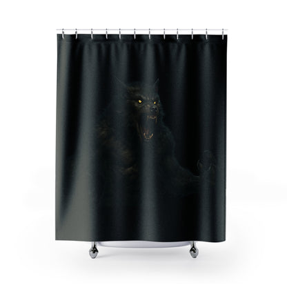 Gothic werewolf shower curtain with moonlit night design, ideal for dark-themed bathroom decor, from Printify.