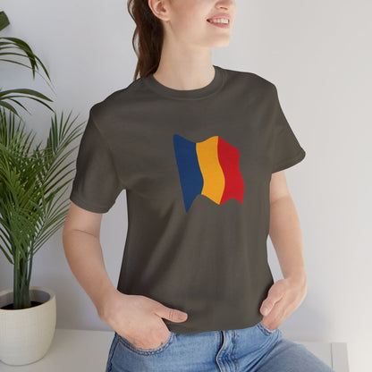 Romania flag T-shirt by Printify featuring a minimal waving tricolor design on a casual T-shirt.