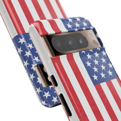 Durable American flag phone case for iPhone, featuring patriotic design and rugged protection from Printify.
